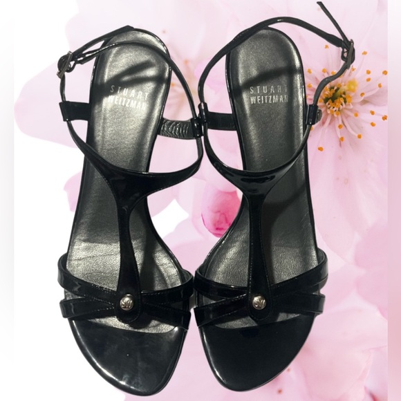 Stuart Weitzman Black Strappy Patent Leather Sandals Heels, Sz 7M - Picture 1 of 12